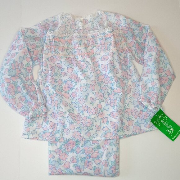 Vtg NEW Girls Flannel PJ Set Flannelette Floral Smocked Lace Pink Blue by Candle - Picture 9 of 9